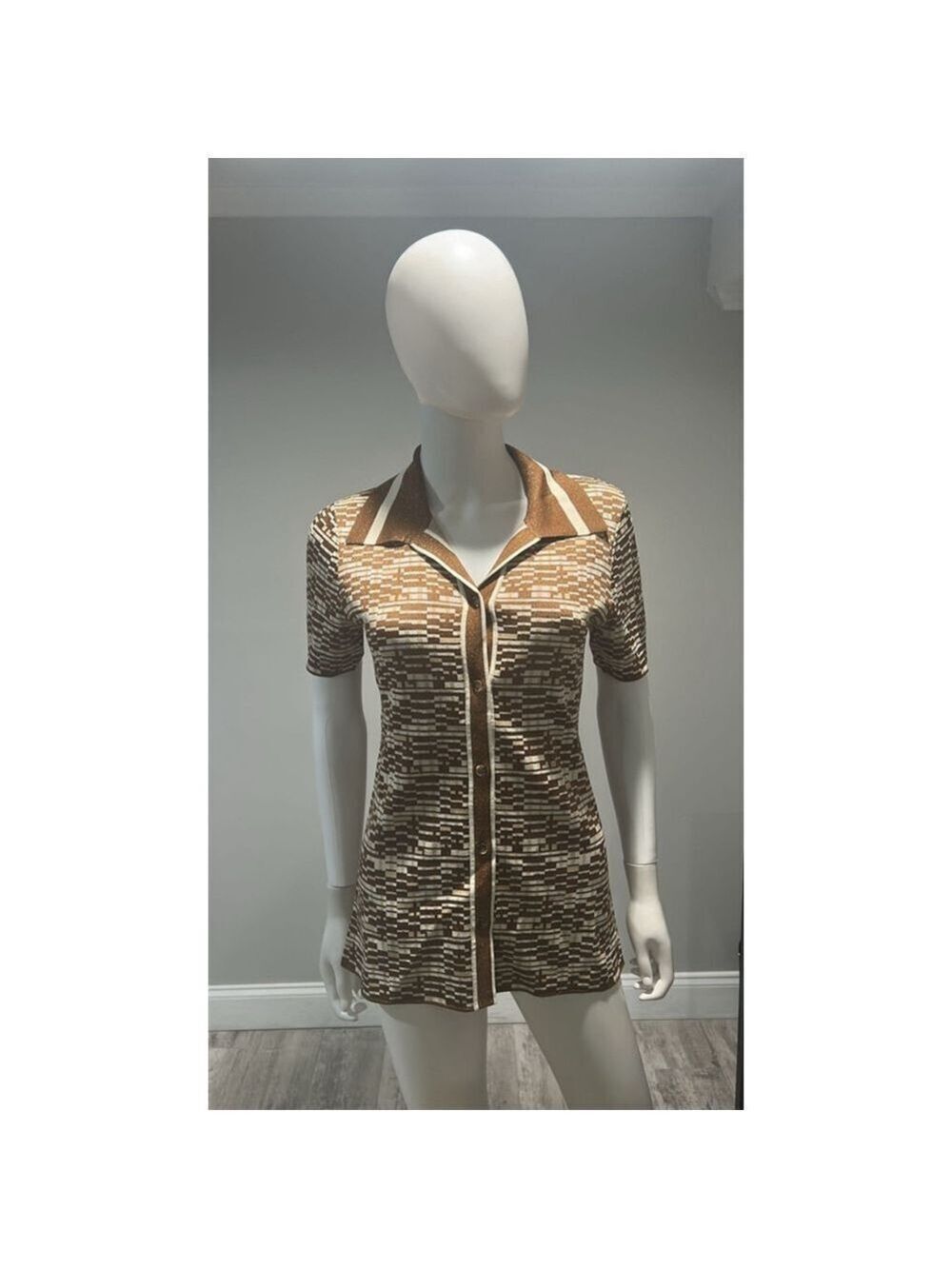 ALEMAIS Brown & White Stefanie Knit Button Down Shirt, Size 6 - Picture 6 of 14